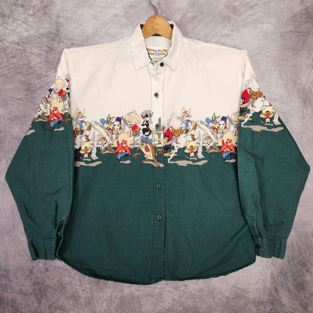 Vintage 90s Looney Tunes Western Shirt Bugs Wile E Coyote Taz Large Karman USA